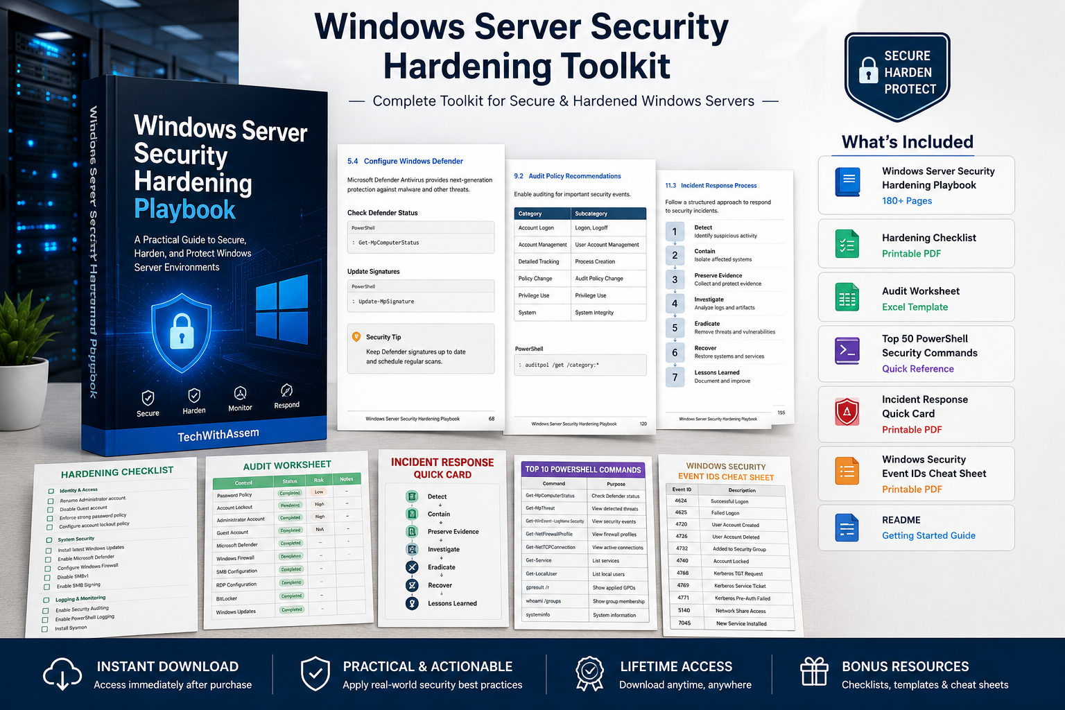 📘 200+ Page PDF Playbook 📄 Hardening Checklist 📊 Audit Worksheet ⚡ PowerShell Commands 🛡 Event IDs Cheat Sheet 📌 Incident Response Card